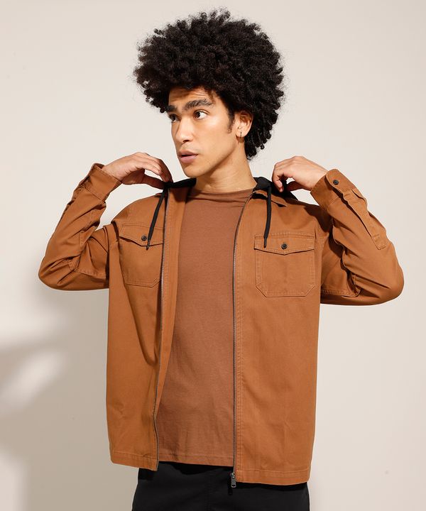 Camisa Overshirt de Sarja com Zíper e Capuz de Moletom Manga Longa Caramelo PP