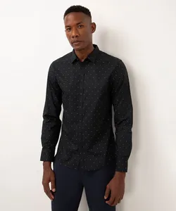 camisa de algodão slim poá manga longa preta P