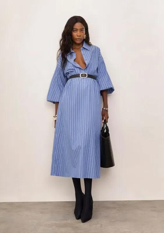 Vestido Iódice Solto Decote V Manga 3 Quartos Midi Azul PP