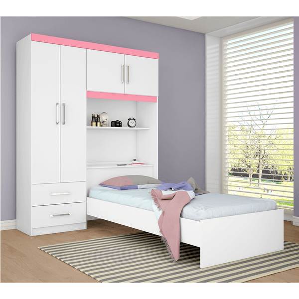 Guarda-roupa em MDP com Cama, 4 Portas, 2 Gavetas - Demóbile Dueto Branco / Rosa