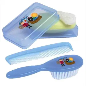Kit Petita Banho Azul Escova De Cabelo + Pente + Saboneteira