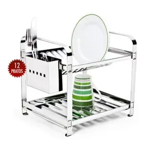 Escorredor de Louças 12 Pratos Com Porta Talheres Inox 29,5x27x33cm 8503M - Mak Inox