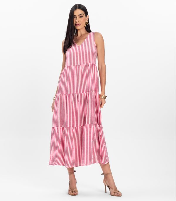 Vestido Midi Feminino Listrado Decote V Aishty Rosa M