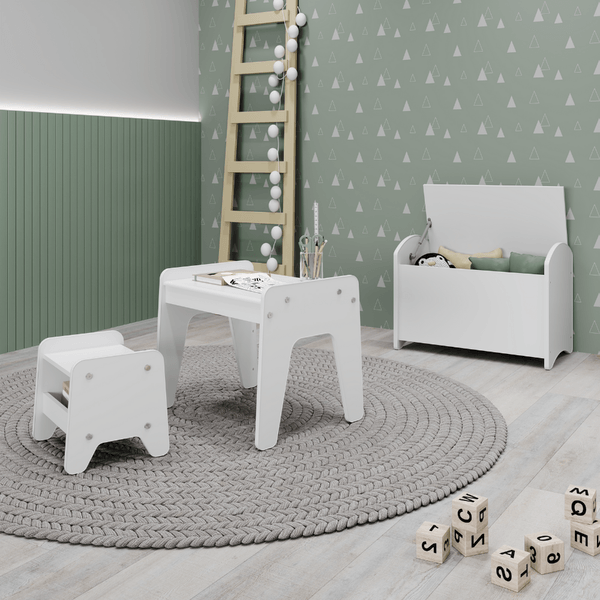 Conjunto Infantil 3 Pecas 1 Mesa 1 Banquinho 1 Bau Organizador Branco