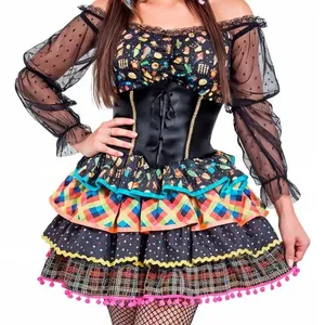 Vestido Festa Junina Adulto de Luxo Com Saia Armada Preto Xadrez GG / Preto