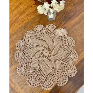 Sousplat Bandeja Redonda 33CM Crochê Polipropileno Decorativo Bege Artesanal