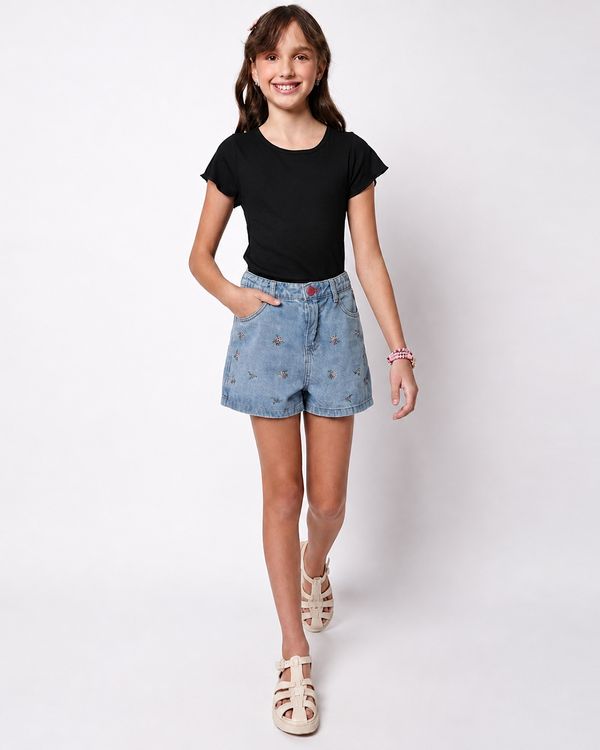 Short Jeans Juvenil Curto com Bordado Floral Azul 14