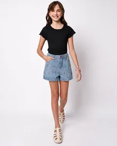 Short Jeans Juvenil Curto com Bordado Floral Azul 12