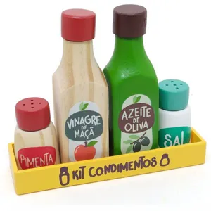 Kit Condimentos NewArt Toys em Madeira - Azeite Vinagre Sal e Pimenta com Bandejinha