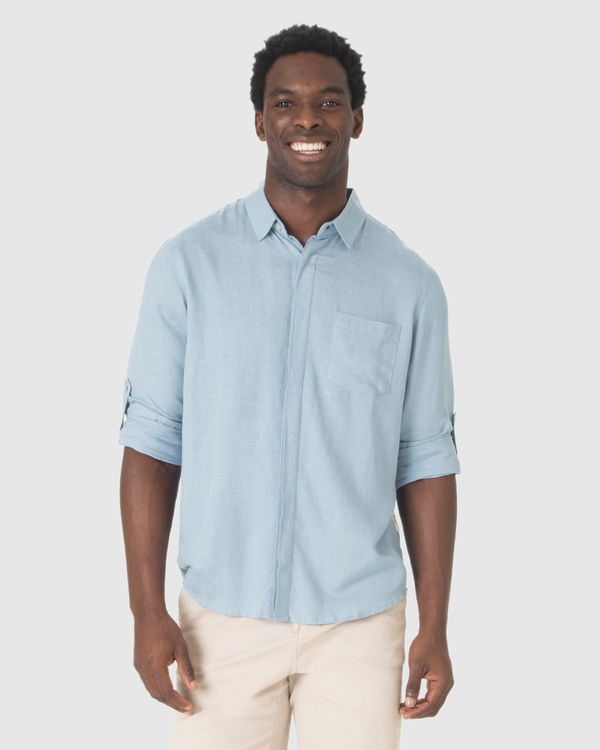 Camisa Masculina Regular Manga Longa Em Viscolinho Azul - XGG