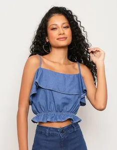 Regata Jeans Feminina Cropped Alcinha Babado Azul P