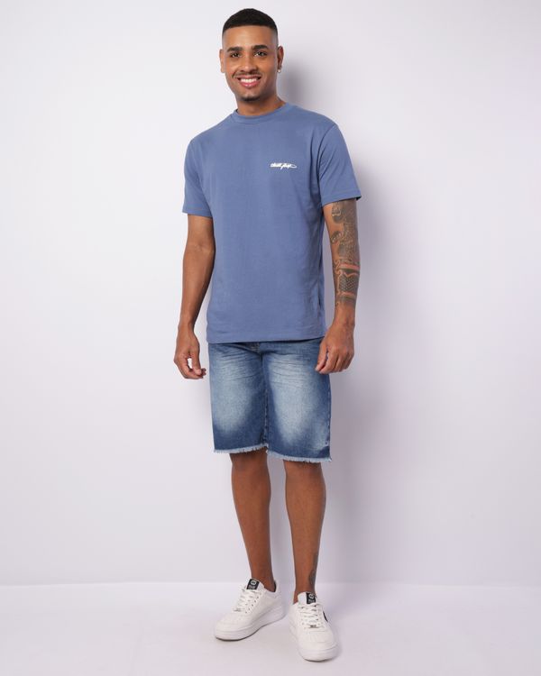 Bermuda Jeans Masculina Reta Estonada Barra Desfiada Azul 48