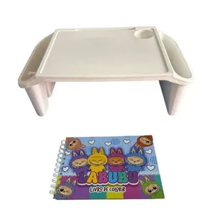 Mesa Apoio Infantil + Livro De Capa Dura – 48 Páginas Para Colorir, Criar E Aprender Bandeja Branca Lobubu Rosa