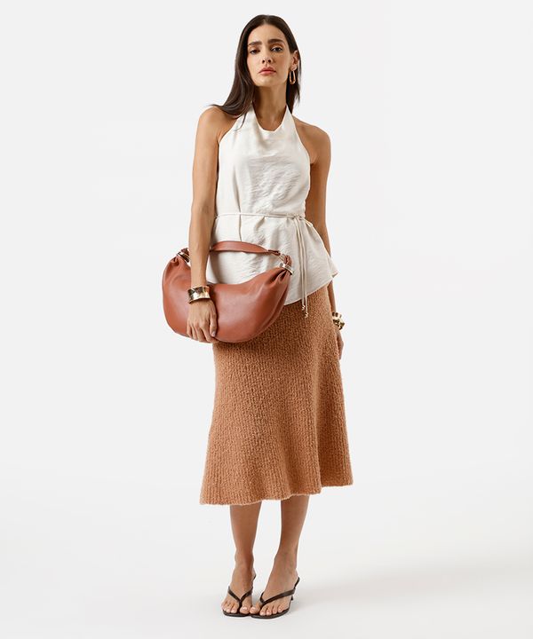 saia midi feminina de tricot texturizada marrom PP