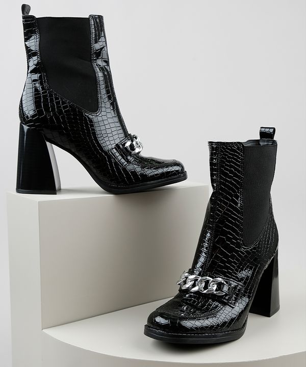 Bota Feminina Oneself Cano Médio Salto Quadrado Alto Texturizado Croco com Corrente Preta 34