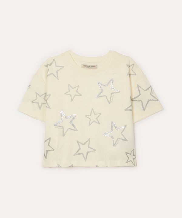camiseta de algodão infantil estrelas com paête off white 6