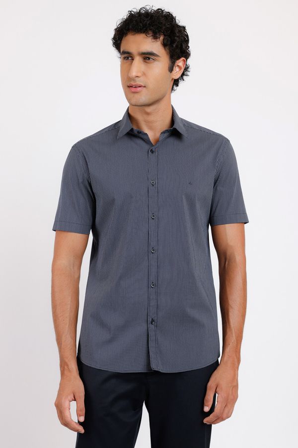 Camisa Slim Algodão Poliamida Mini Xadrez Marinho Com Branco - M