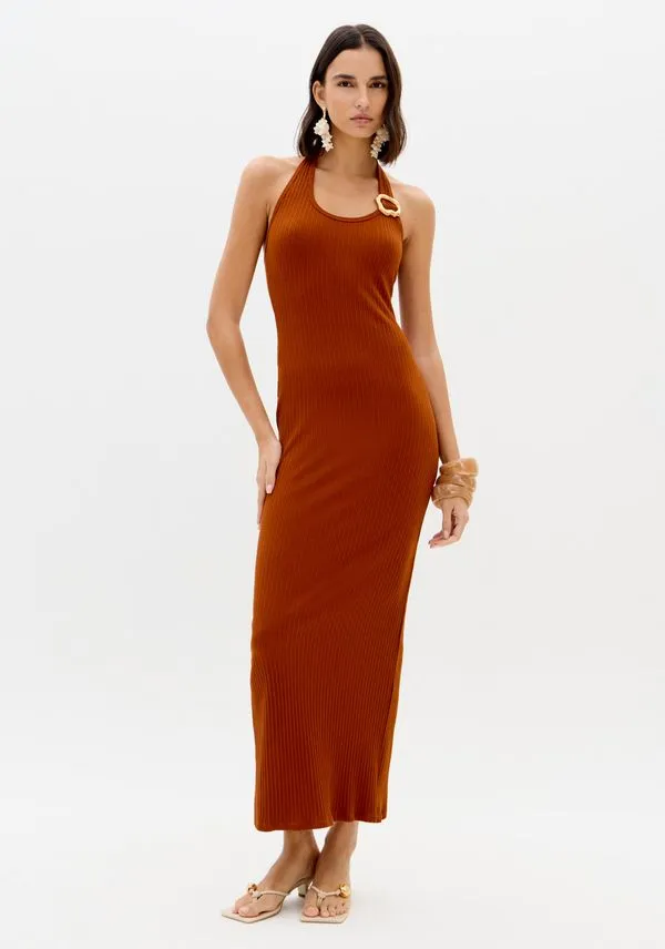 Vestido Canelado Frente Única Marrom P