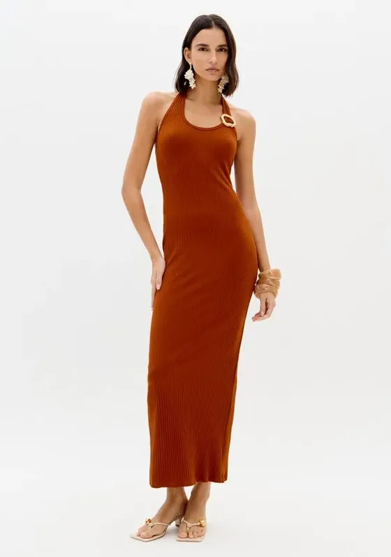 Vestido Canelado Frente Única Marrom P
