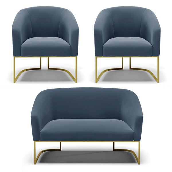 Namoradeira e 2 Poltronas Industrial Dourado Stella Suede Azul M D03 - D'Rossi