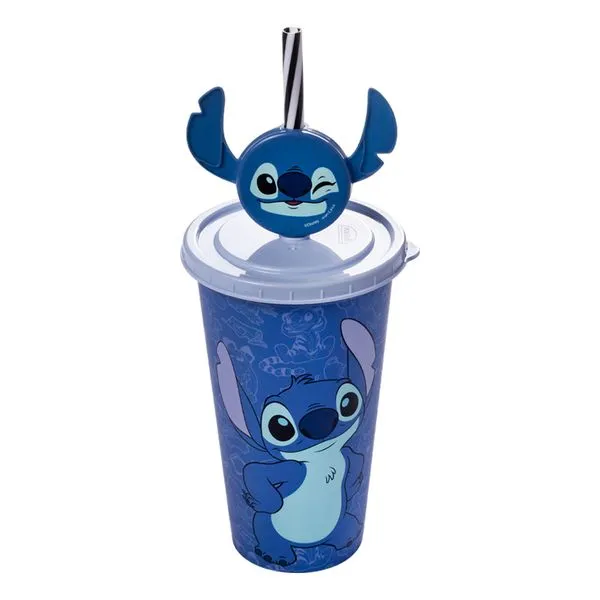 Copo Com Canudo E Pin Stitch Plástico Azul 500ml 17439 - Plasútil