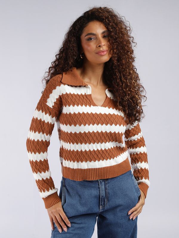 Blusão Modal Bicolor Gola Polo Feminino CARAMELO/CARAMELO/OFF WHITE P