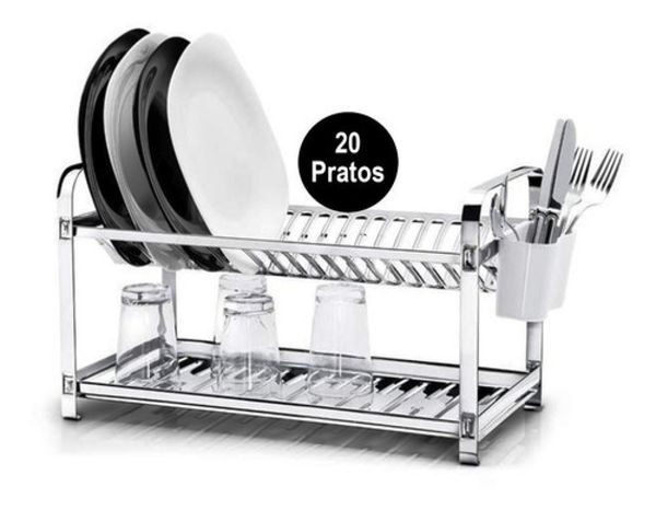 Escorredor Louça Aço Inoxidável 20 Pratos Com Porta Talheres Cor Inox