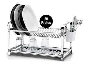 Escorredor Louça Aço Inoxidável 20 Pratos Com Porta Talheres Cor Inox