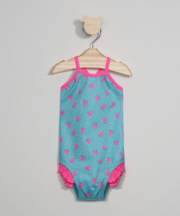 Maiô Infantil Estampado Poá e Melancias com Babado Proteção UV50+ Azul 3