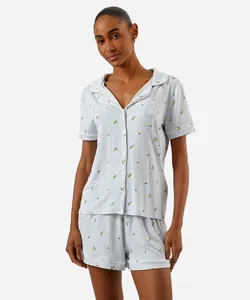 pijama americano feminino de viscose listrado floral azul M