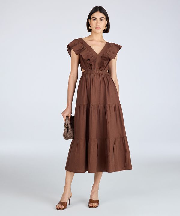 vestido evasê feminino com babados e recortes marrom GG