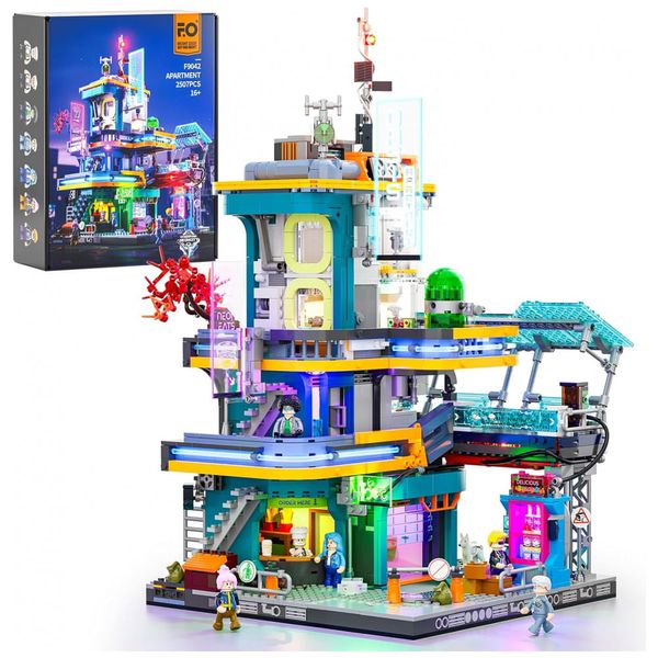 Kit Montagem FUNWHOLE Cyberpunk Mansion Modular Branco com Iluminação LED, 2524 Peças, Sistema Único USB, Modelo F9042