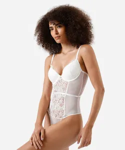 body feminino de tule com bojo e recorte de renda off white 46