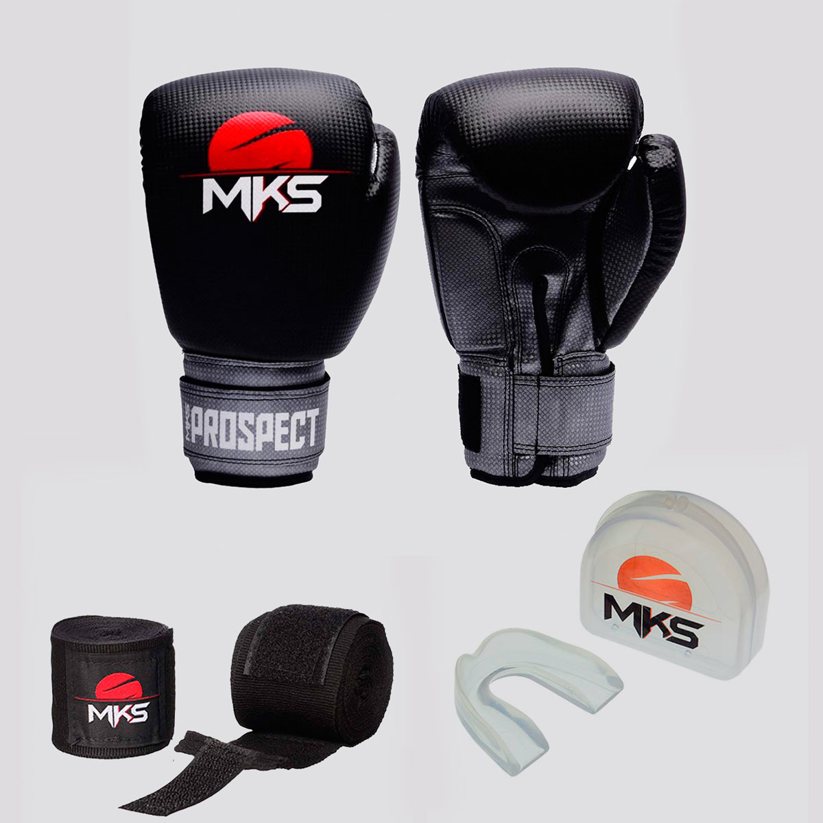 Kit de Luva de Boxe com Bandagem e Bucal MKS Preto e Cinza