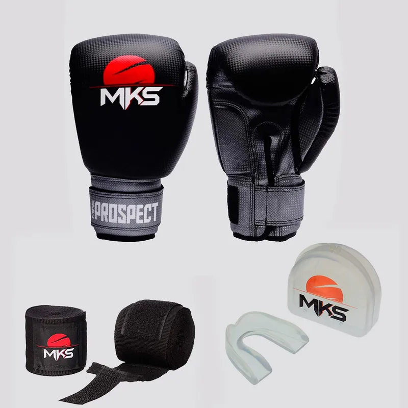 Kit de Luva de Boxe com Bandagem e Bucal MKS Preto e Cinza
