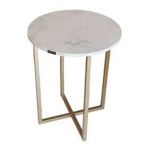 Mesa De Canto Decor Quality Modulados Branco Marmorizado Base Metalom Ouro (MP)
