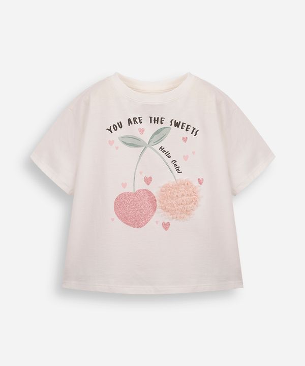 camiseta infantil de algodão cerejas com glitter texturizada off white 12