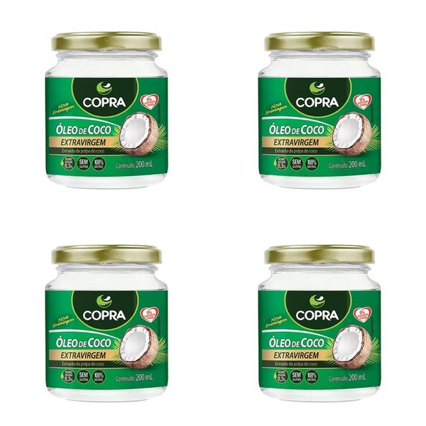 Kit c/4 Óleos de Coco Extravirgem Copra Vidro 200ml cada