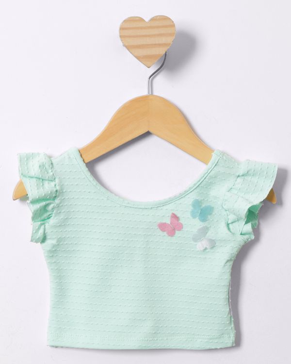 Blusa Bebê Cropped Manga Curta Babado Com Aplicação Interativa Verde 2