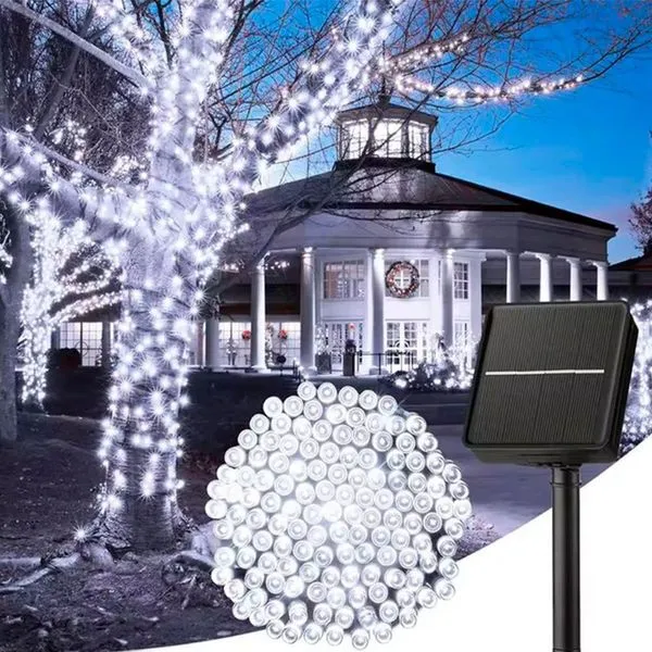 Pisca Cordão Natalino Solar 200 Lâmpadas LED Branco 15 e 92m 8 Modos Resistente à Água IP65 Pisca Cordão Natalino Solar 200 Lâmpadas LED Branco 15 e 92m com 8 Modos de Iluminação