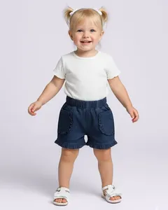 Short Liocel Bebê Curto Cós Alto com Bolsos Babado Azul 2