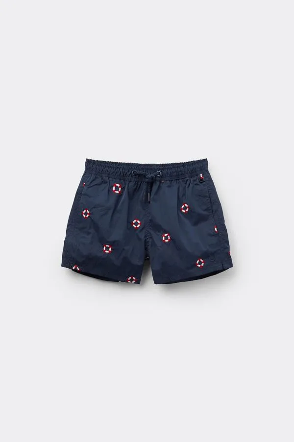 Bermuda De Banho Com Bordado Salva-Vidas Infantil - Azul 6-7