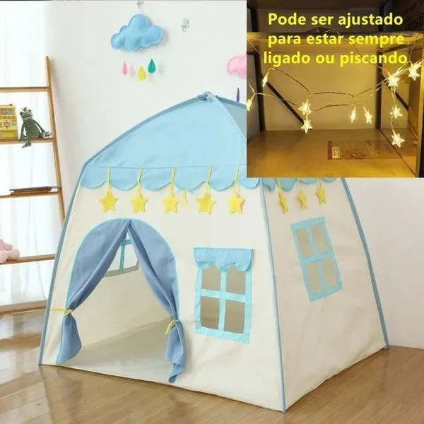 Tenda Infantil Casa dos Sonhos Infância Feliz Tenda Azul+led para Brincar em Formato de Mini Castelo Azul OEM Tenda Infantil Casa dos Sonhos Tenda Azul+led em Formato de Mini Castelo com Janela Transparente