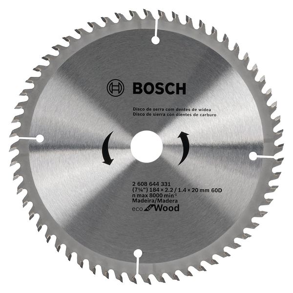 Disco de Serra Circular com 60 Dentes Eco Bosch Disco de Serra Circular 7.1/4" 184x20mm com 60 Dentes Eco Bosch