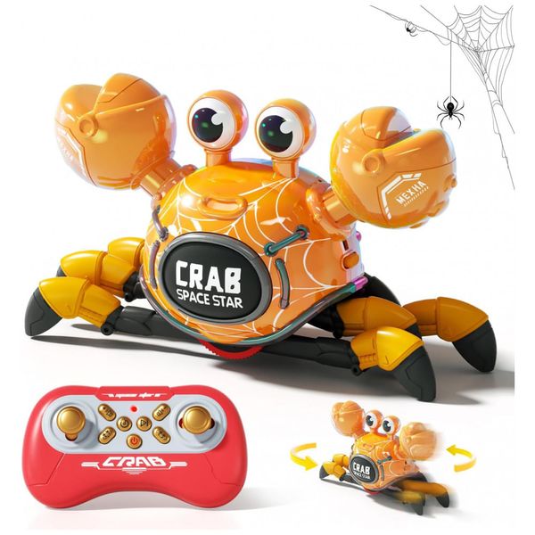 Robô Caranguejo RC Amarelo – WINJOYMAX, Controle 2,4 GHz com Rotação 360°, Luzes LED e Música para Crianças