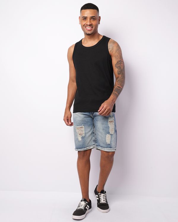 Bermuda Jeans Masculina Reta Destroyed Barra Dobrável Azul 36
