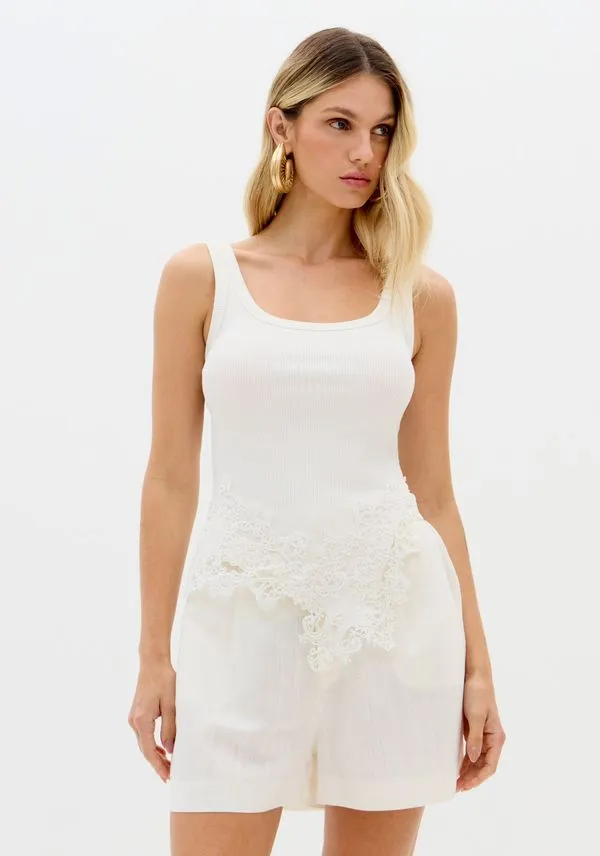 Blusa Regata Canelada Com Aplicação De Renda Branco P