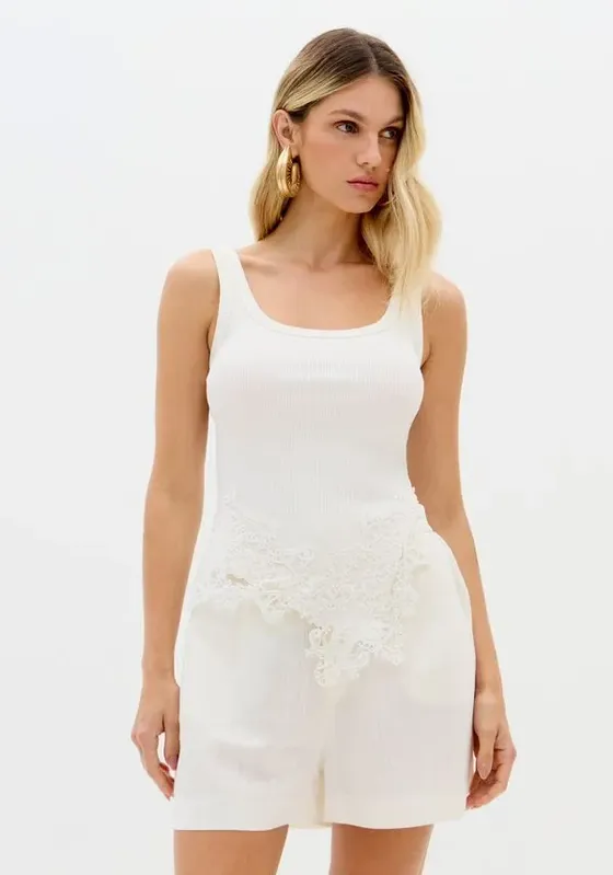 Blusa Regata Canelada Com Aplicação De Renda Branco G