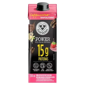 Bebida Láctea UHT 3 Corações Power Whey Cappuccino Napolitano 15g Proteínas Zero Lactose 250ml
