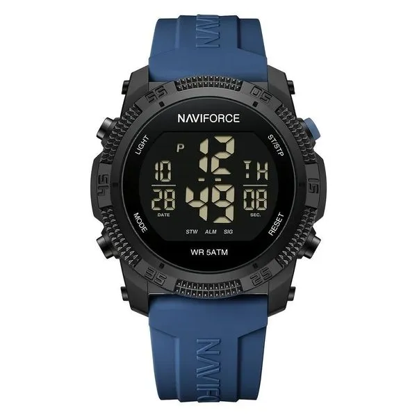 Relógio Cronógrafo Masculino Mostrador Preto Azul com Data e Alarme Resistente à Água Naviforce Relógio Masculino Cronógrafo Mostrador Preto Azul com Data Resistente à Água Naviforce